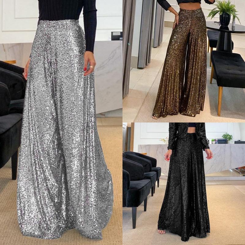 keepmore Vrouwen Pailletten Wijde Pijpen Broek Mode Eenvoudige Metalen Fijne Glitter Hot Spice Dansbroek Hoge Taille Elastische Uitlopende Broek, # 1, M