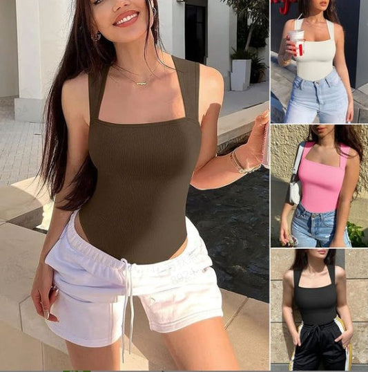 🩱Sexy Geribbelde Strappy Vierkante Hals Mouwloze Buikcontrole Tanktops Bodysuits