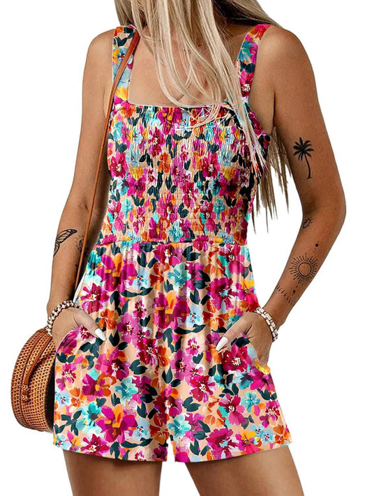 ⏰Hot Sale 50% Uit-Women's Summer Square Neck Sleeveless Loose Casual Shorts Smocked Rompers (🔥Koop er 2 krijg 5% korting & Gratis verzending)