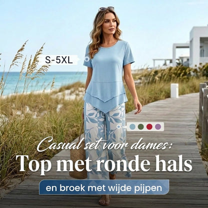 💙Casual Round Neck Layered Tunic Top and Wide Leg Pants Set