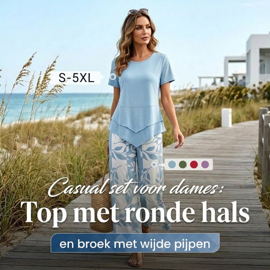 💙Casual Round Neck Layered Tunic Top and Wide Leg Pants Set