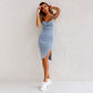 💥Uitverkoop 49% korting🌤️Verstelbare bandjes U-hals split denim bodycon cami-jurk