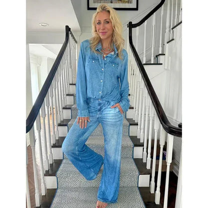 🌙 Denim Dreams Pyjamaset – Comfortabele pasvorm, zachte loungewear met denimlook voor de hele nacht comfort 🌟
