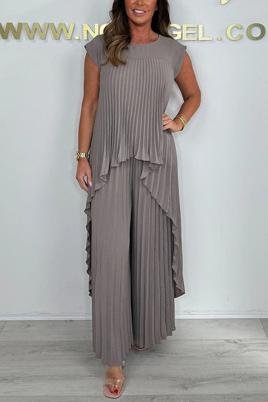 Laney Geplooide Korte Mouw Onregelmatige Midi Top en Elastische Taille Broek met Wijde Pijpen Set