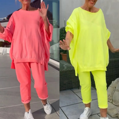 🏖️Hot Sale 50% korting💕 Ronde hals Split Fluorescerende kleur Casual pak voor vrouwen