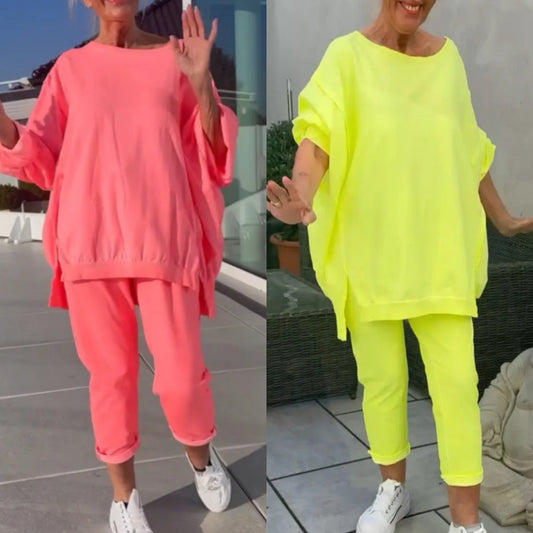 🏖️Hot Sale 50% korting💕 Ronde hals Split Fluorescerende kleur Casual pak voor vrouwen