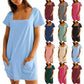 💕Last Day Promotion 50% UIT👗Casual Square Neck Pocket Short Sleeve Dress with Pockets voor dames