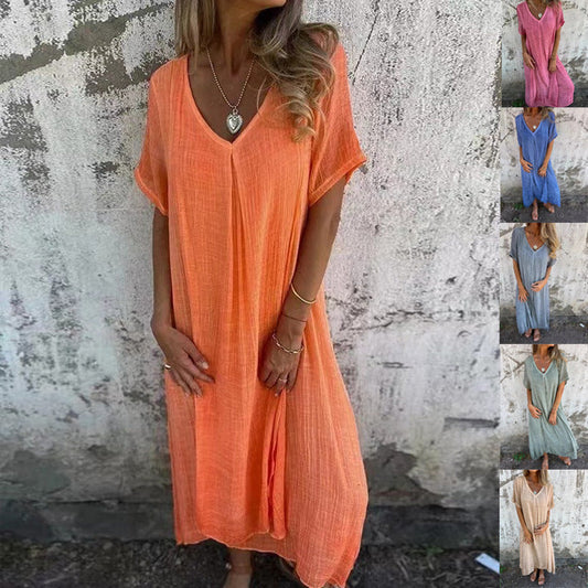 🔥Laatste dag promotie 50% korting💕Vrouwen Loose V-hals Katoenen Linnen Jurk