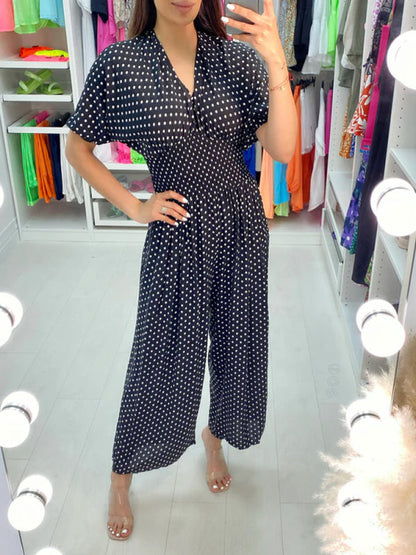 💙Zomeruitverkoop - 8€ korting! 💙Gestippelde Print Elastische Taille Jumpsuit