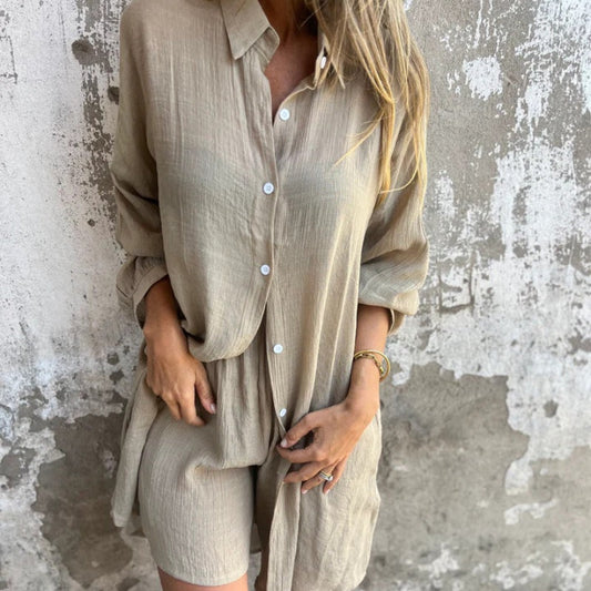 🎉Happy New Year! 50% OFF 🛍️Women's Casual Long Sleeve Shirt & Shorts Two-Piece Set