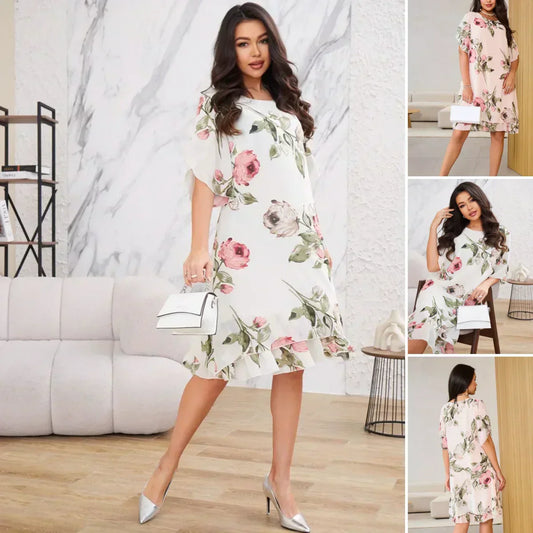 🌸Rode chiffonjurk met bloemblaadjes