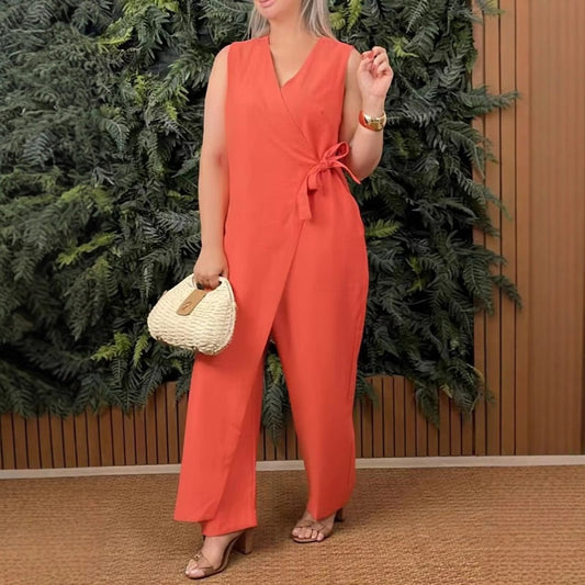 💖Beperkte uitverkoop 50% KORTING💖Effenkleurige casual V-hals jumpsuit voor dames met knoop
