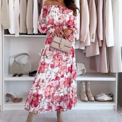 💗50% korting voor een beperkte tijd💗Set met bloemenpatroon: off-shoulder blouse & maxirok（Hoe meer je koopt, hoe hoger de korting）