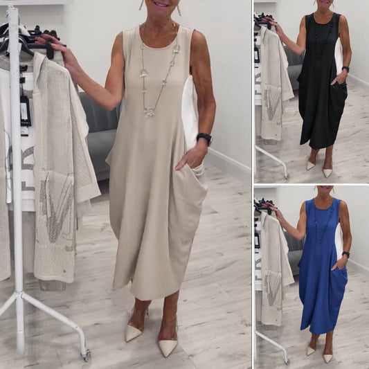 👗Eenvoudige mouwloze jurk met zakken