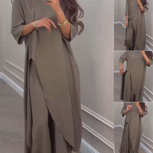 Solid Color Irregular Top & Wide-Leg Pants 2-PCS Set