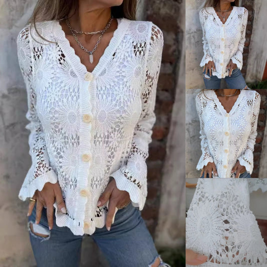 🌸Uitverkoop 50% korting Langarm Top met V-hals van Kant voor Vrouwen