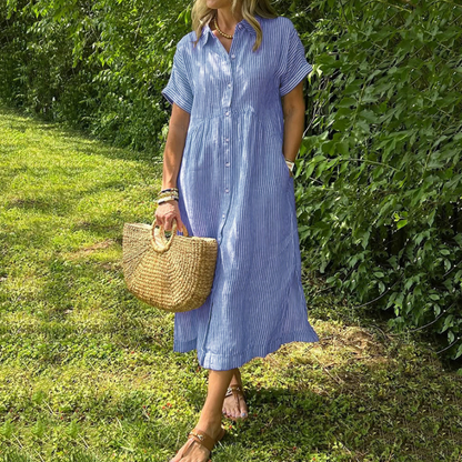 🎉 (Maat: S-4XL) 🛍️Nieuwe exclusieve zomerkleding 👗 Gestreepte revers-overhemdjurk met knopen | Met functionele zakken