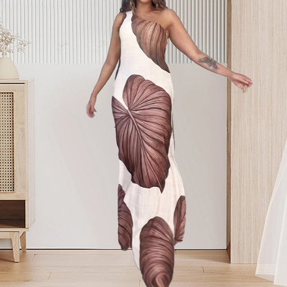 ⏳Tijdelijke aanbieding⏰Slanke maxi-jurk met palmprint en één schouder