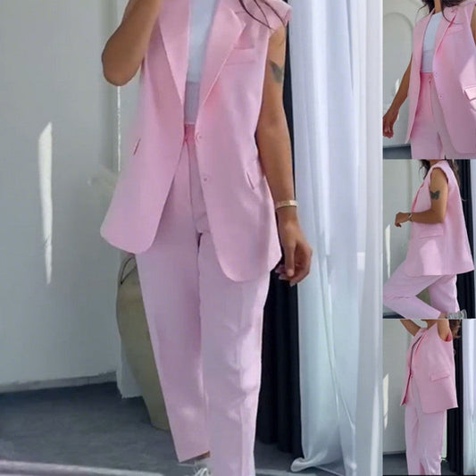 Dames Stylish Mouwloze Blazer & Hoog Getailleerde Broek Set