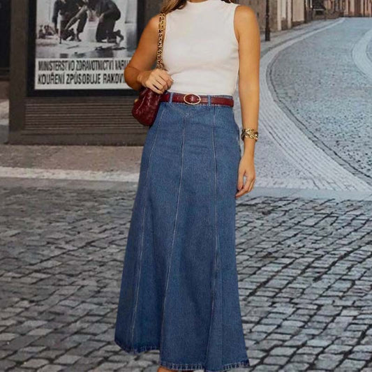 👗Dames maxi-rok van denim met hoge taille en A-lijn model – flatterende pasvorm, rekbaar comfort en veelzijdige stijl 👖