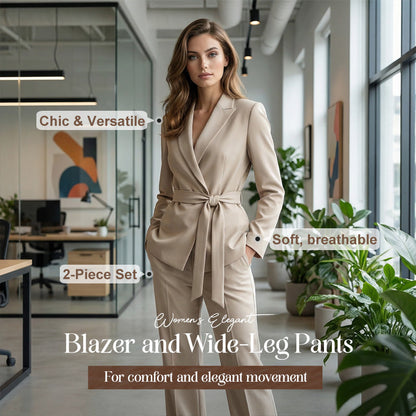 ⏳Tijdelijk 50% korting⏰Elegant damespak bestaande uit een blazer met strikceintuur en een wijde broek👔👖