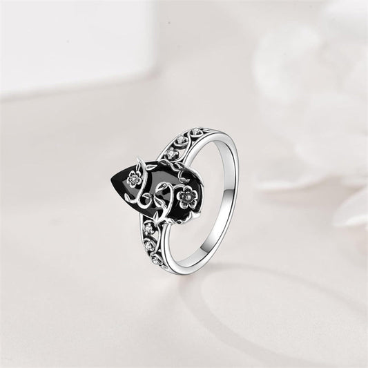 💎50% Korting💍 Een ring met filigraan opengewerkt patroon, zwarte druppelsteen en strass accenten in boheemse stijl – Vintage Bloemenrank Ring | Legeringmetaal | Zilverkleurig | Maten 6–11 💍✨