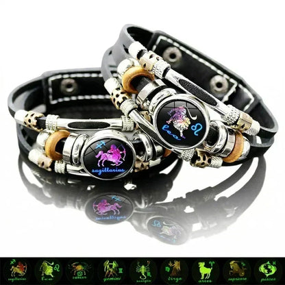 ⏰🎁Glow-in-the-Dark-armband met 12 sterrenbeelden van leer voor mannen en vrouwen (6,9/8,1 inch）