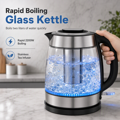 ☕Glazen Elektrische Waterkoker 2L – Kookt in minuten, geen plastic geur, veilig automatisch uitschakelen