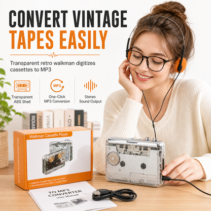 Transparante draagbare cassettespeler en cassette-naar-MP3-converter met USB-C