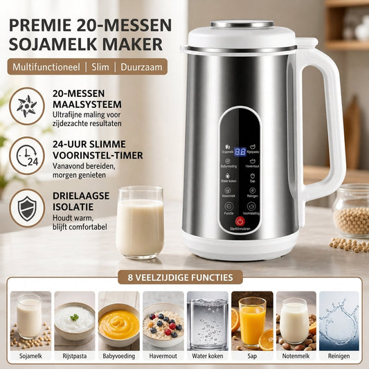 Multifunctionele 304 RVS Sojamelkmaker en Hogesnelheidsblender – Grote Capaciteit, Filtervrije Huishoudelijke Foodprocessor met Slimme Timer