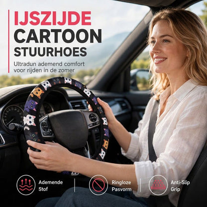✨🚗 Universeel 38cm Ringloos Zijden Stuurhoes Bedrukt Ademend Stuurwielbeschermer voor Alle Seizoenen