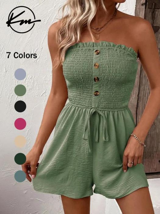 🎉Laatste dag promotie 50% KORTING💃Dames strapless romper met ruche rand, smokwerk en strik aan de voorkant, wijde pijpen