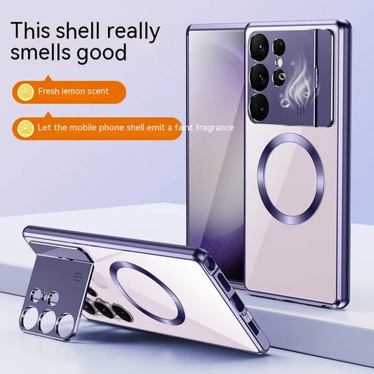 Luxe Aromatherapy 2-in-1 metalen frame met slot opvouwbare lens kickstand magnetisch opladen Transparant telefoonhoesje voor Samsung